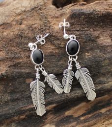 Black Onyx Earrings With Silver Feathers