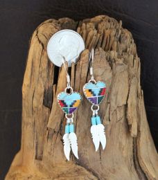Multicolored Heart Earrings With Silver Feathers