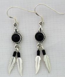 Onyx Sterling Silver Earrings With Feathers