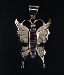 Large Sterling Silver Butterfly Pendant With Hand-Cut Wampum Inlay