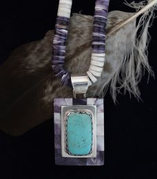Rectangular Wampum-Turquoise Pendant With Necklace