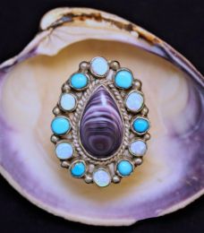 Wampum Teardrop Ring With Turquoise And Opal Stones