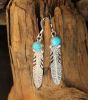 Silver Feather Earrings With Round Turquoise Nugget