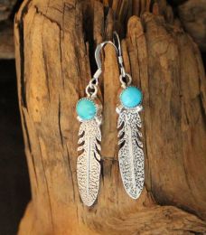 Silver Feather Earrings With Round Turquoise Nugget