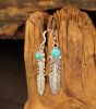 Silver Feather Earrings With Round Turquoise Nugget