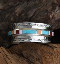 Cornrow Inlaid Turquoise And Sterling Silver Bracelet