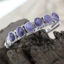 Narrow Wampum Silver Bracelet with Small Oval Cabochons