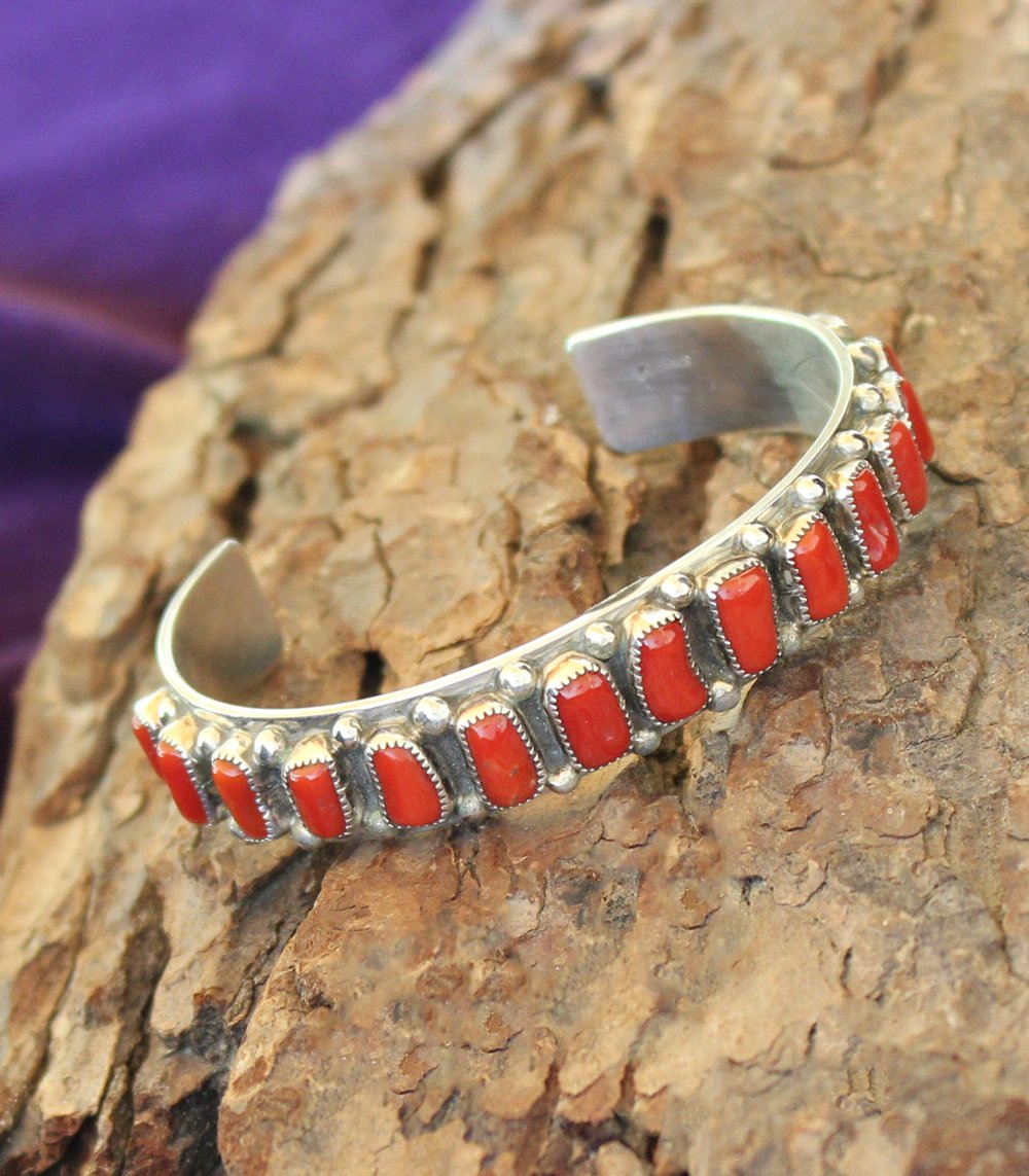 Vintage Turquoise, Coral & MOP Silver Bracelet - Estate Jewelry