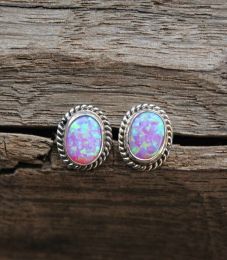 Pink Opal Oval Stud Earrings