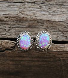 Pink Opal Oval Stud Earrings