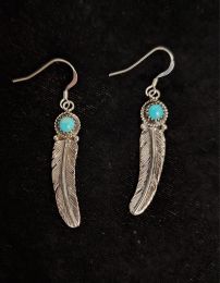 Single Feather Earrings With Round Turquoise Cab