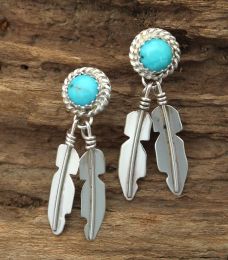 Turquoise Earrings With Dangling Feathers