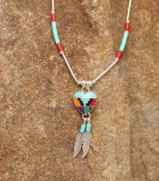 Multicolored Heart With Feathers Necklace
