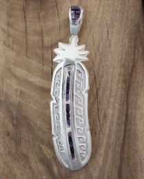 Extra Large Sterling Silver Feather Pendant with Wampum Inlay