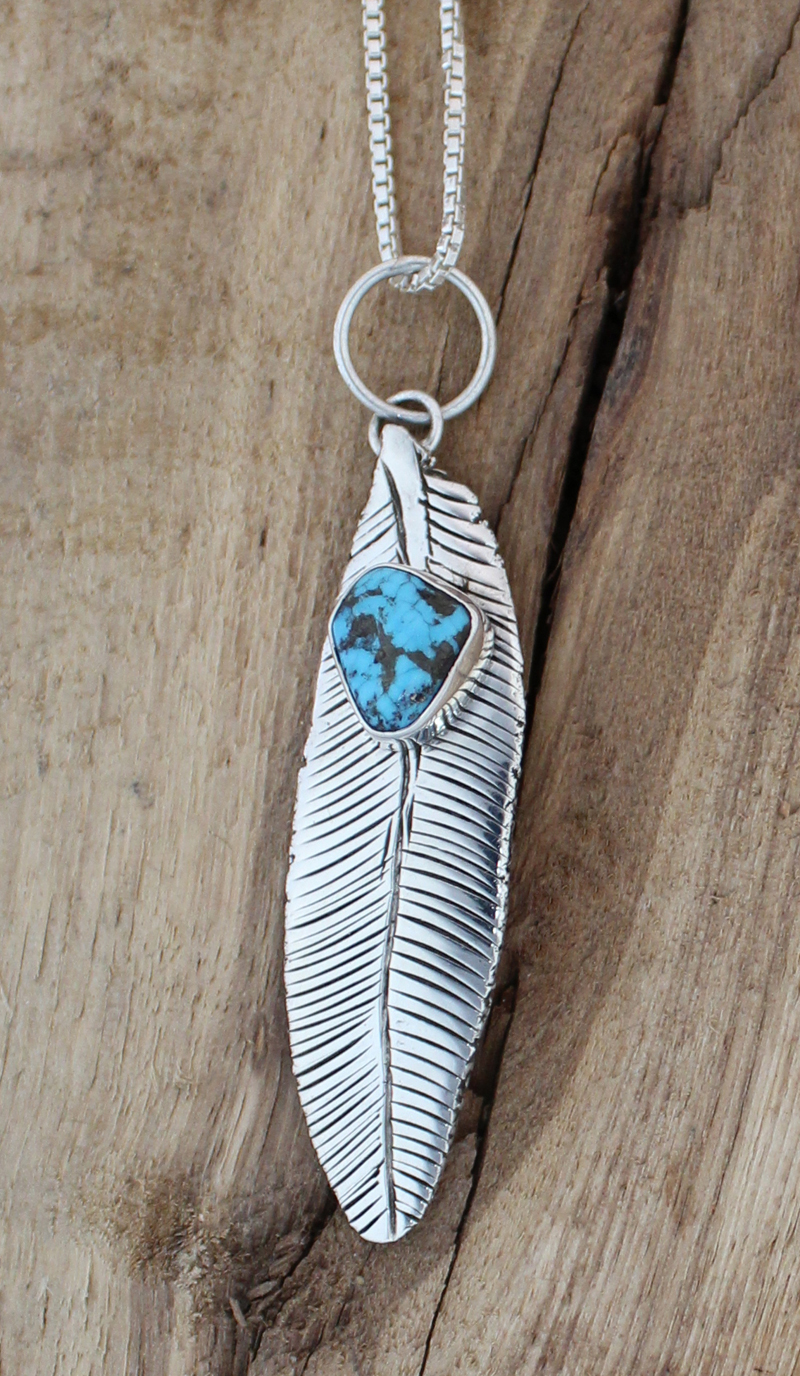 Turquoise Pendant with Silver Feather Charm