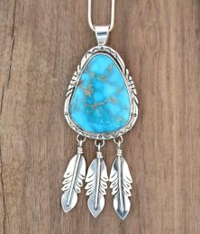 Triangle Turquoise Sterling Silver Pendant with 3 Feathers