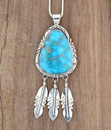 Triangle Turquoise Sterling Silver Pendant with 3 Feathers