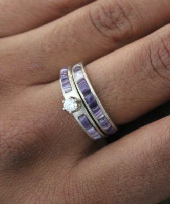 Wampum Cornrow Inlay Wedding Band Set With Round Zircon