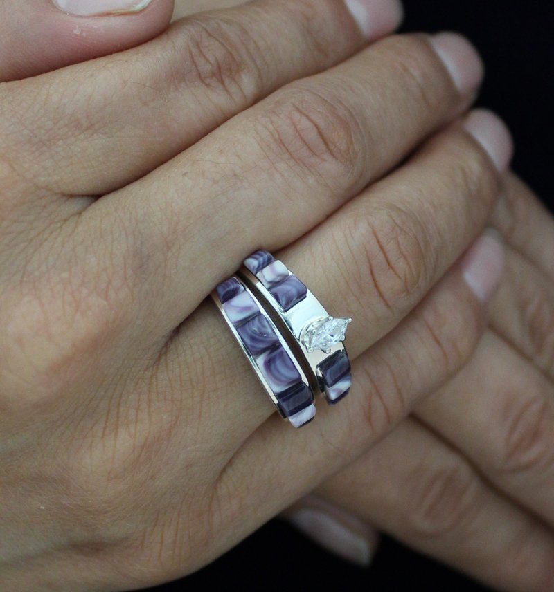 Wampum Inlay Wedding Band Set with Oval Zircon